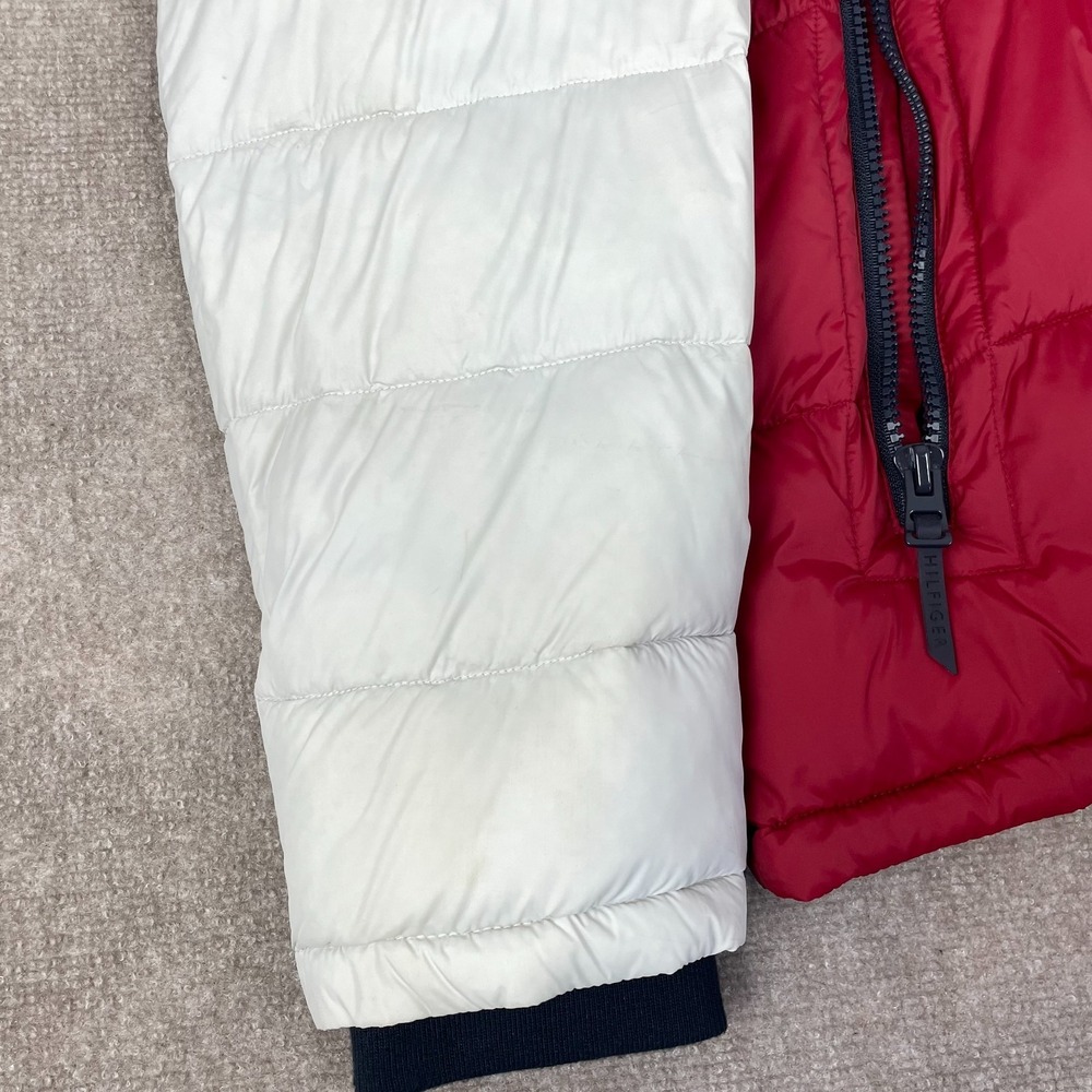 Tommy Hilfiger Puffer Jacket Mens 2XL Red White Varsity Hooded Full Zip Logo - Picture 15 of 16